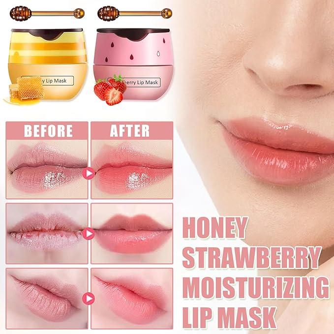 Bee Lip Balm Honey Pot,3 PCS Strawberry&Honey&Watermelon Lip Sleeping Mask,Hydrating Prevention Dry and Cracked Lip Scrubs Exfoliator Lip Care,Moisturizing Lip Mask Overnight Reduces Lip Lines-Velvo Beauty