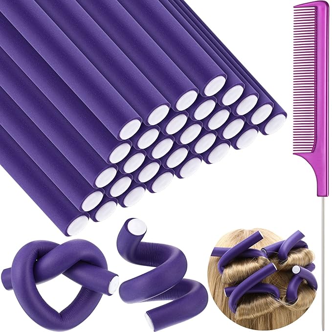 Syhood 30 Pieces Flexible Curling Rods Twist Hair Rollers Soft Foam Rods No Heat and 1 Pcs Steel Rat Tail Comb for Women Long and Short Hair(7 x 0.8 Inch,Purple)-Velvo Beauty