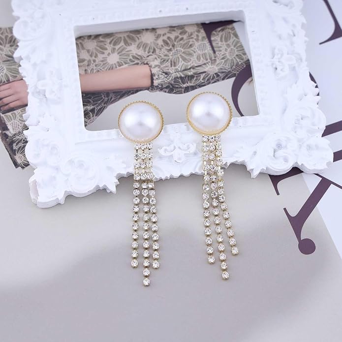 Vintage Crystal Pearl Drop Earrings Cz Bridal Crystal Earrings Long Rhinestone Tassel Earrings Gold Pearl Stud Earrings Jewelry for Women-Velvo Beauty