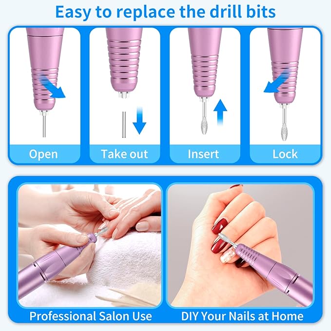 Portable Nail Drill Professional 35000 RPM, MOCOWIND Rechargeable Electric Nail File Machine for Acrylic Nails Gel Polishing Removing, Cordless E-File with Bits for Manicure Salon Home, Blue & Purple-Velvo Beauty