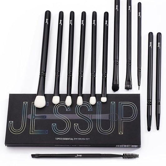 Jessup Eyeshadow Brush Set 12pcs Black Eye Makeup Brushes Set Professional with Natural Synthetic Hair for Eyebrow Eyelash Eyeliner Spoolie Blending, T322-Velvo Beauty