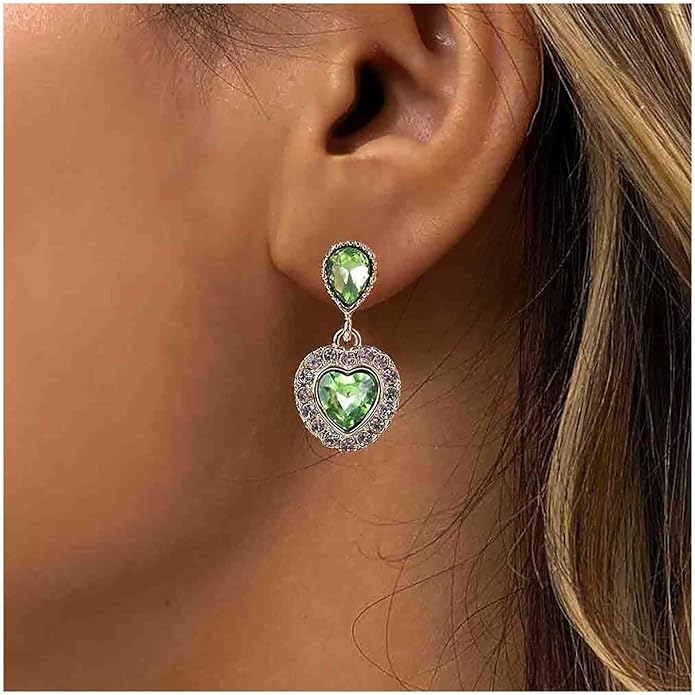 Vintage Emerald Heart Earrings Emerald Cz Teardrop Earrings Rhinestone Heart Drop Earrings Green Gemstone Stud Earrings Jewelry for Women(Green)-Velvo Beauty