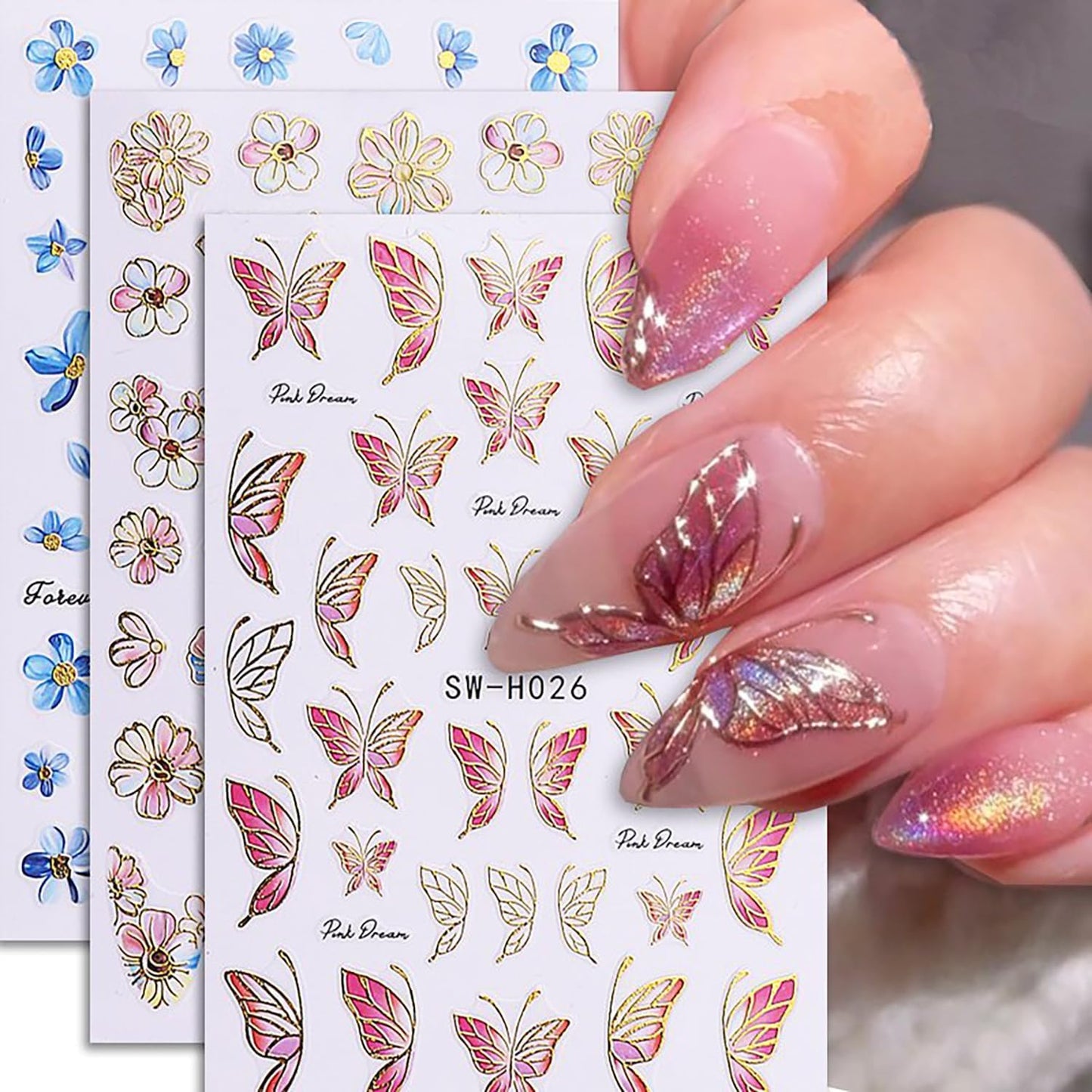 6Sheets Flower Nail Art Stickers 3D Self-Adhesive Nail Sticker Butterfly Nails Art Decals Holographic Floral Butterfly Nails Decal Decoration for Women Blue Blossom Manicure DIY Nail Supplies-Velvo Beauty