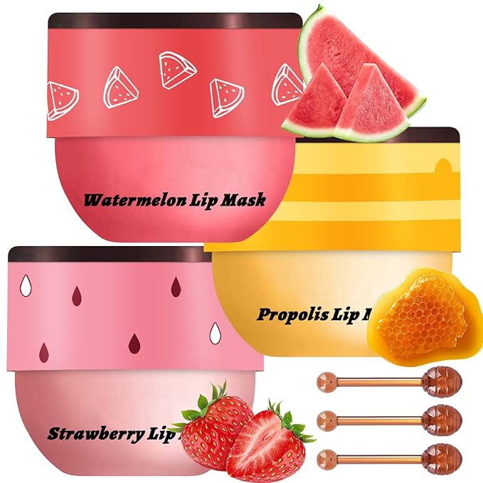 3 PCS Bee Lip Balm Honey Pot, Honey & Strawberry & Watermelon Lip Mask Overnight Propolis Moisturizing Lip Balm Hydrating Prevention Dry and Crack Lip Scrubs Exfoliator Lip Wrinkle Care (Set B)-Velvo Beauty