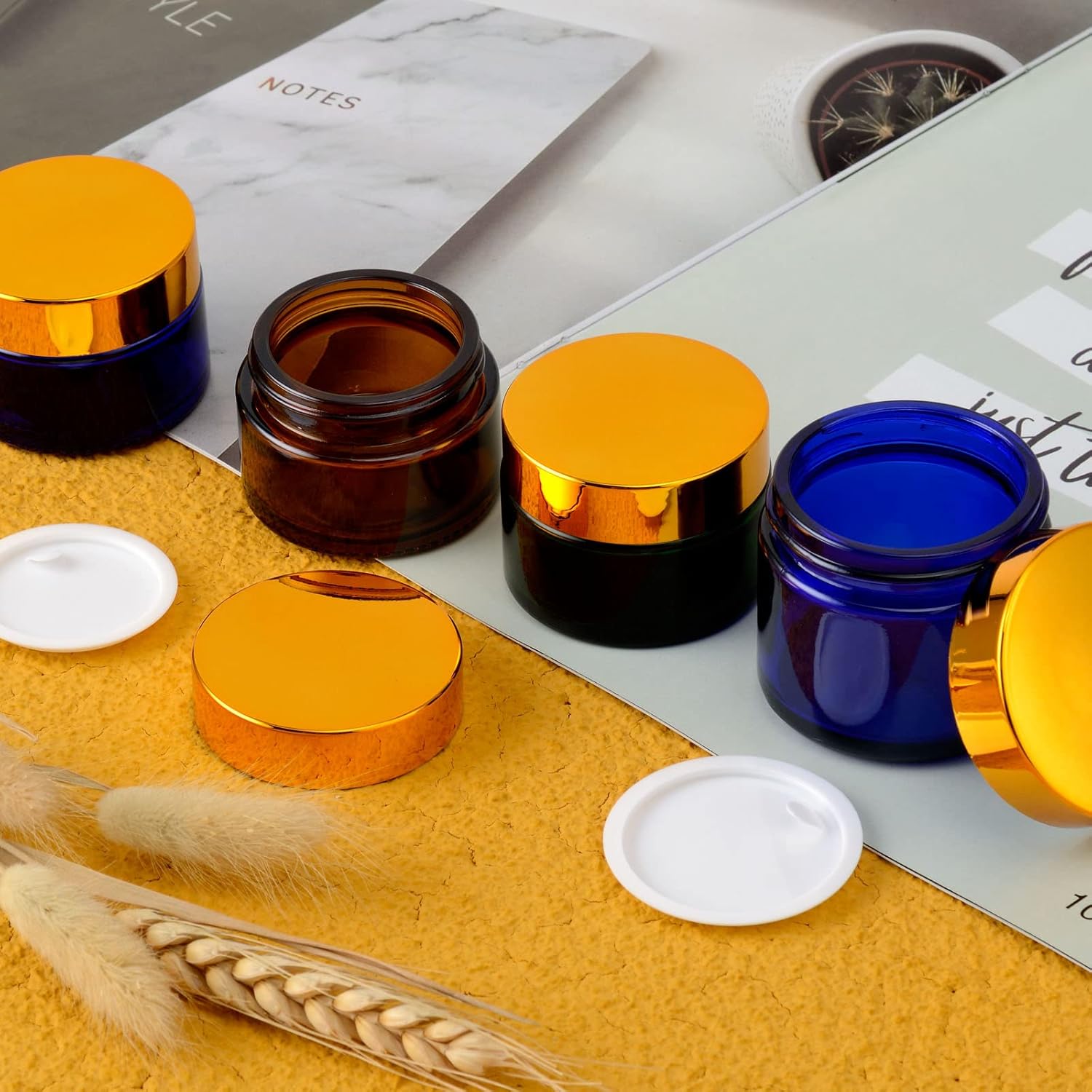 Lil Ray 2 Oz Glass Cream Jars with Gold Lid, Empty Cobalt Blue Glass Containers, Refillable Cosmetic Vials for Lotion, Ointment (12 PCS)-Velvo Beauty