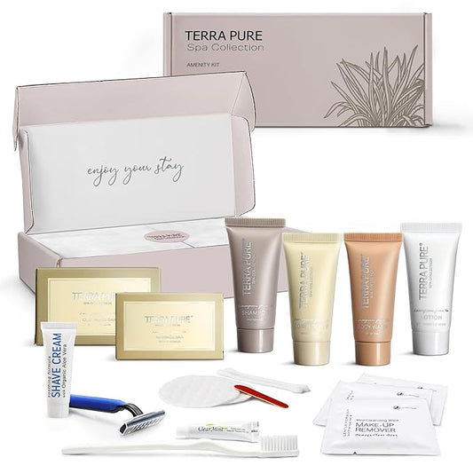 Terra Pure Spa Collection Amenity & Accessory Kit |1 oz Travel Size Shampoo, Conditioner, Lotion, Body Wash, 2 Soap Bars, Shave & Dental Sets, Make-Up Remover Wipes, & Vanity Kit | 1 set per case-Velvo Beauty