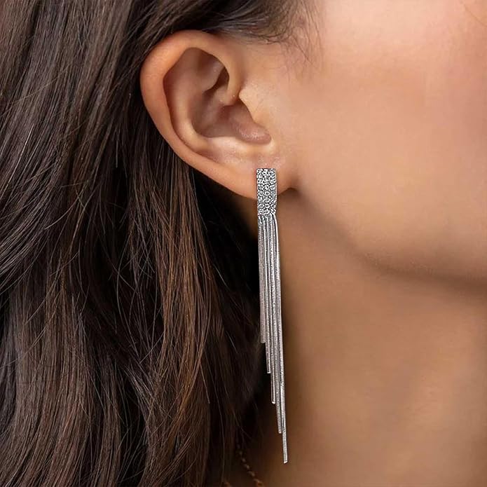 Vintage Rhinestone Dangle Earrings Gold Sleek Chain Drop Earrings Crystal Long Chain Tassel Earrings Sleek Metal Chain Earrings Jewelry for Women-Velvo Beauty