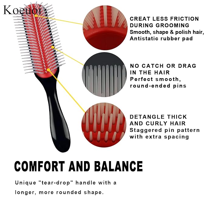 Classic Styling Curly Hair Brush. 9 Row Black Brush for Detangling, Separating, Shaping. For Women and Men Wet or Dry Hair.-Velvo Beauty