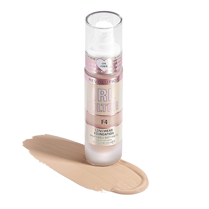 Revolution Beauty, IRL Filter Longwear Foundation, Soft & Breathable Formula, Medium to Full Coverage, Matte Finish, F4, 0.7 Fl. Oz-Velvo Beauty