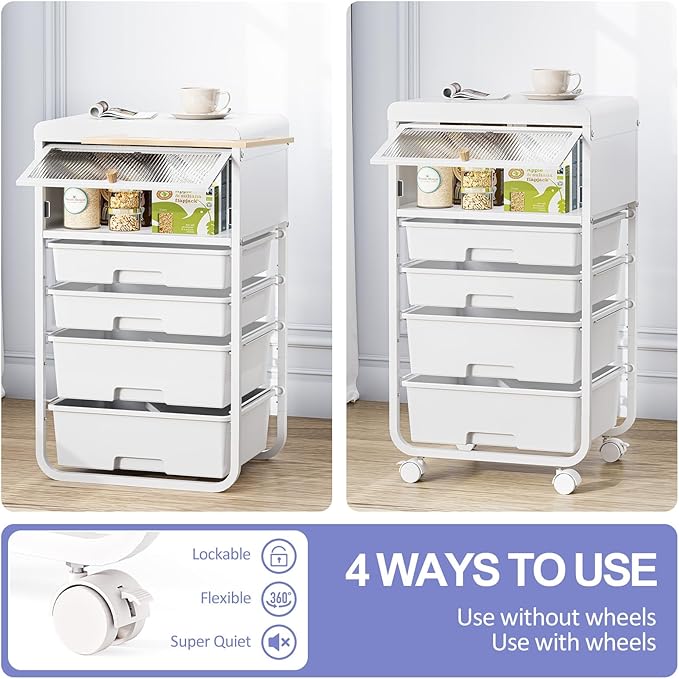 Utility-Rolling-Storage-Drawer-Craft-Cart-Organizers with 4 Drawers & Dust-proof Door for Kid Craft Art Room,Bedroom,Home Office, Craft Drawer cart, Classic White-Velvo Beauty