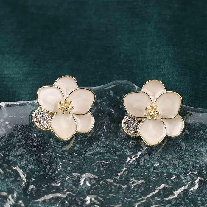 Vintage Enamel Flower Stud Earrings Camellia Flower Earrings Gold Crystal Flower Petal Earrings White Petal Stud Earrings Jewelry for Women-Velvo Beauty
