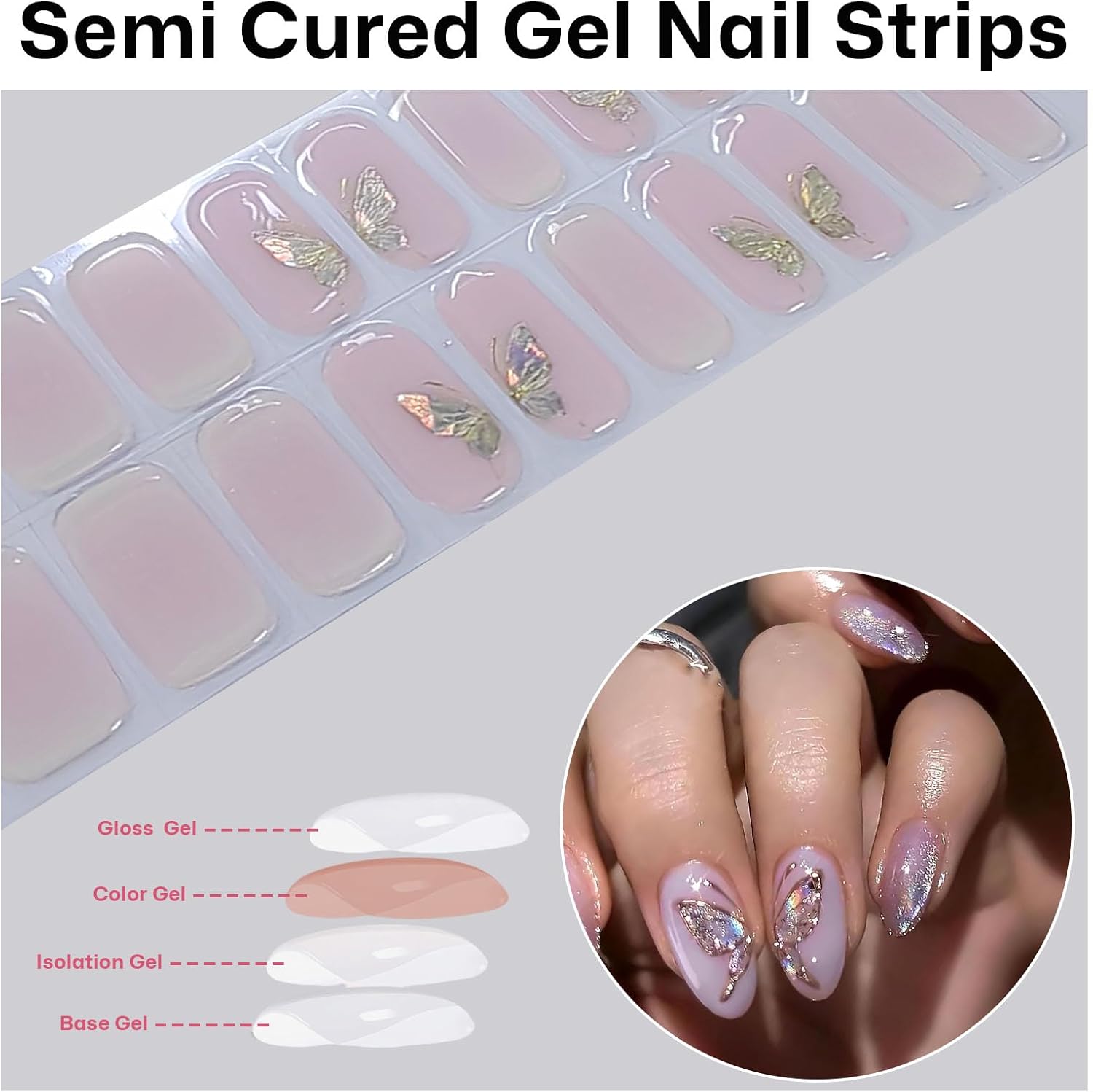 Semi Cured Gel Nail Strips with Butterfly Designs Gel Nail Stickers Glitter Full Cover Nails Wraps Need UV/LED Light with 2 Prep Pads 1Wooen Stick 1Nail File for Women 20Pcs-Velvo Beauty