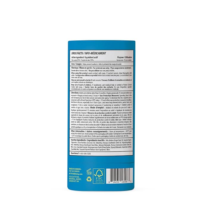 ATTITUDE Mineral Sunscreen Stick for Kids, SPF 30, EWG Verified, Plastic-Free, Broad Spectrum UVA/UVB Protection with Zinc Oxide, Dermatologically Tested, Vegan, Unscented, 2.1 Ounces-Velvo Beauty