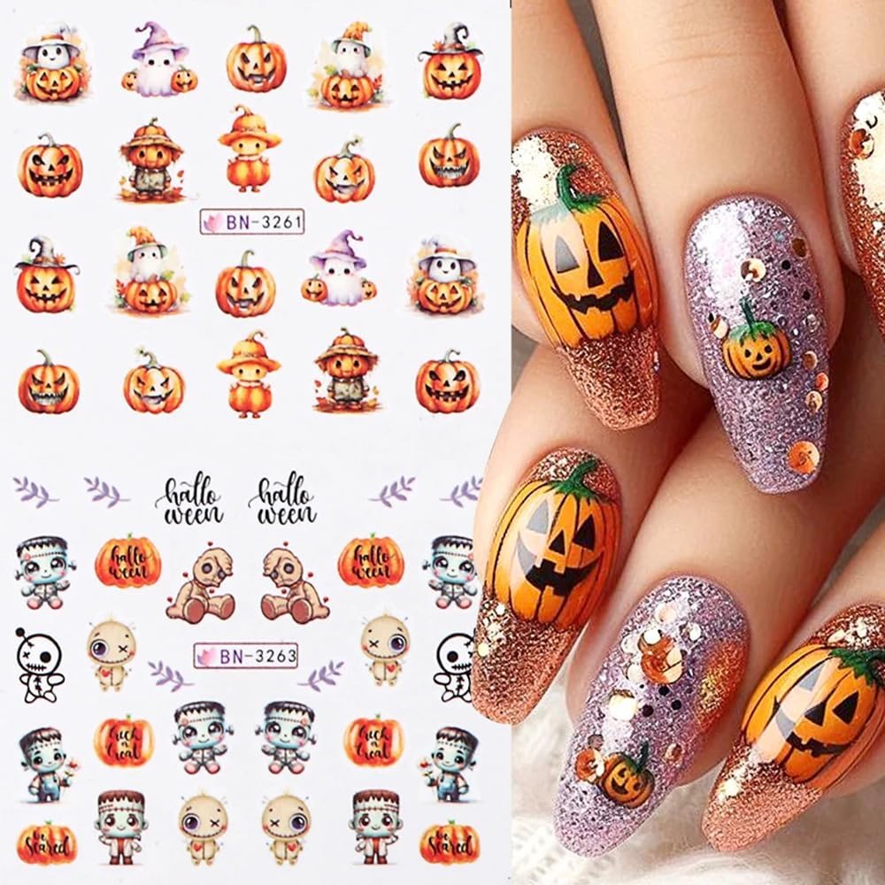 Halloween Pumpkin Nail Art Stickers Decals, 12Pcs Cute Ghost Skeleton Bat Pattern Water Transfer Nail Foils Decals for Halloween Nail Art Decoration Watermark Acrylic Stickers for Manicure DIY Supply-Velvo Beauty