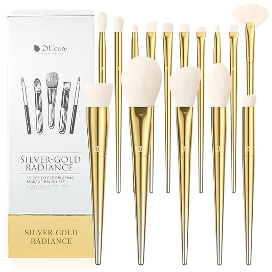 DUcare Makeup Brushes 15Pcs Makeup Brush Set with Holder Premium Synthetic Powder Foundation Contour Blush Concealer Eye Shadow Blending Liner Make Up Brush Kit gold-silver-Velvo Beauty