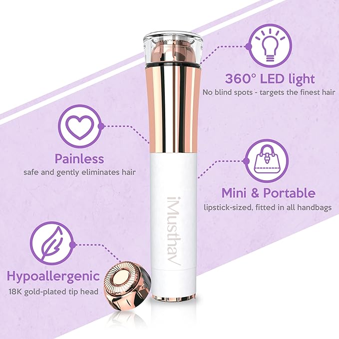 Portable Facial Hair Remover for Women – Painless, Fast & Precise Flawless Electric Razor & Epilator for Face, Lips, Chin Hair Removal – 18K Gold-Plated, 360° LED Light-Velvo Beauty