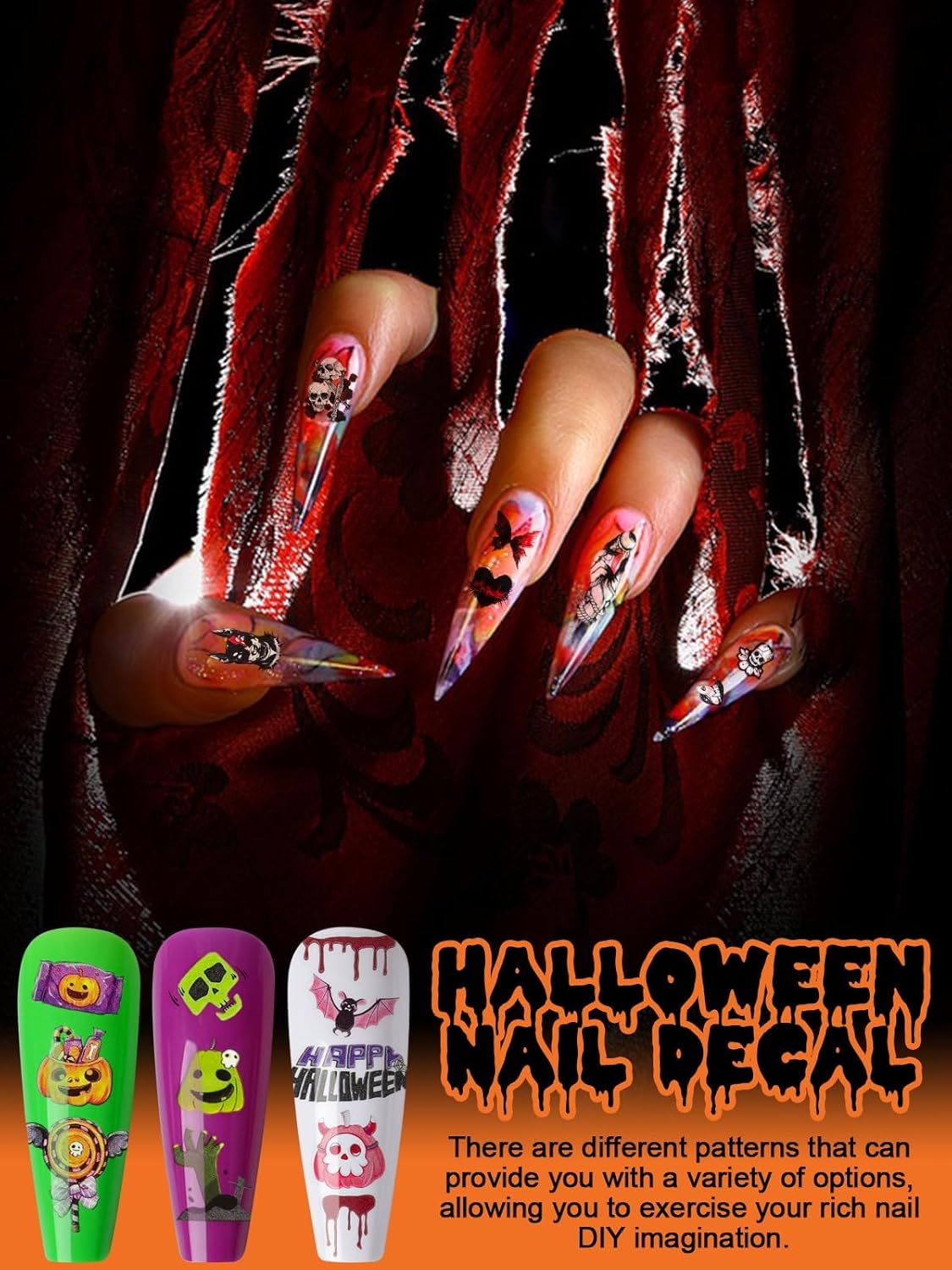 Halloween Nail Art Stickers Decals, Kalolary Self-Adhesive DIY Nail Sticker Decals 3D Design Nail Decorations for Halloween Party Include Pumpkin/Bat/Ghost/Witch(12 Sheets)-Velvo Beauty