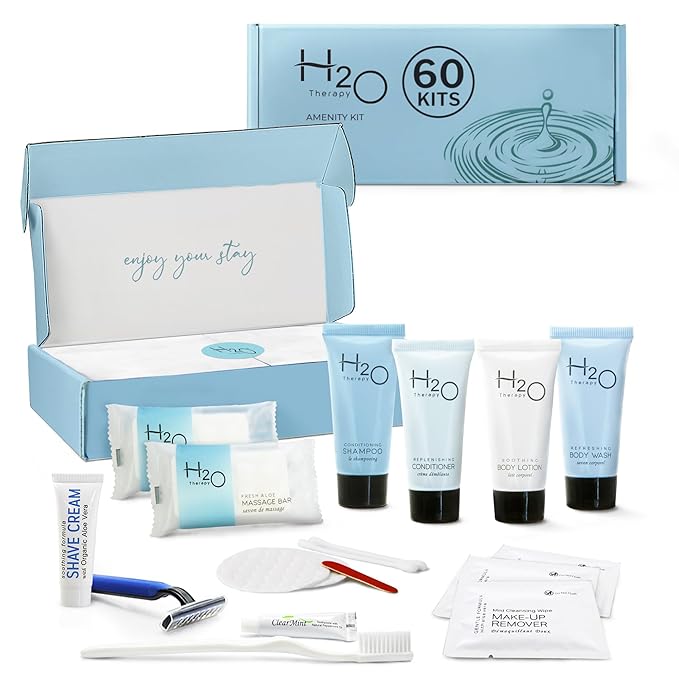 H2O Therapy Amenity & Accessory Kit | 0.85 oz Travel Size Shampoo, Conditioner, Lotion, Body Wash, Massage Bar, Cleansing Bar, Shave & Dental Sets, Make-Up Remover Wipes, & Vanity Kit | 60 sets/case-Velvo Beauty