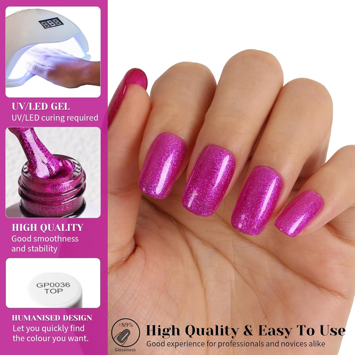 Glitter Gel Nail Polish,Sparkly Shimmer Fuchsia Gel Polish, 15ml UV/LED Soak Off Purple Gel Polish for Manicure Salon or DIY Nail Art at Home,Women Girls Gift - GP0092-Velvo Beauty