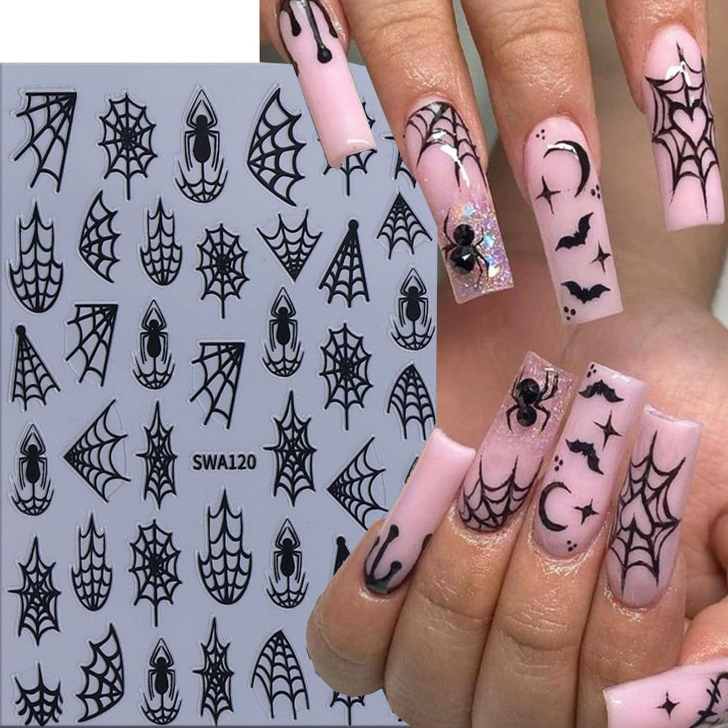 6 Sheets Halloween Spider Web Nail Art Stickers 3D Self -Adhesive Spider Web and Spider Nail Decals Holographic Black Gold Silver Nail Stickers Halloween Nail Decoration for Women Manicure Supplies-Velvo Beauty