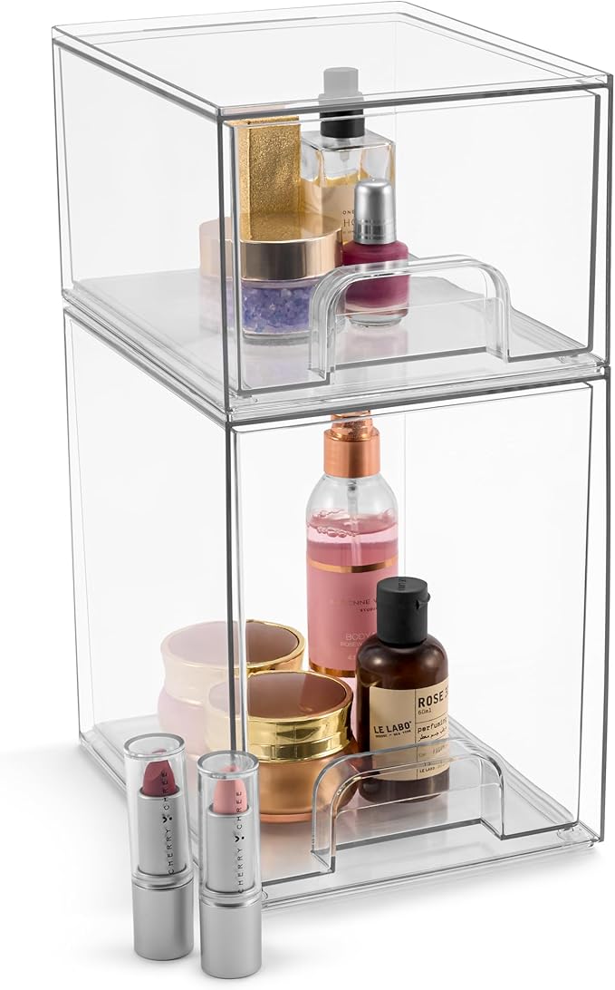 Sorbus Acrylic Storage Containers - 2 Pack, Stackable Storage Bins Set for Bathroom Organization - Clear Acrylic Drawer Organizers - Makeup Case Pull-Out Drawers (7.6’’ and 4.4’’ Tall)-Velvo Beauty