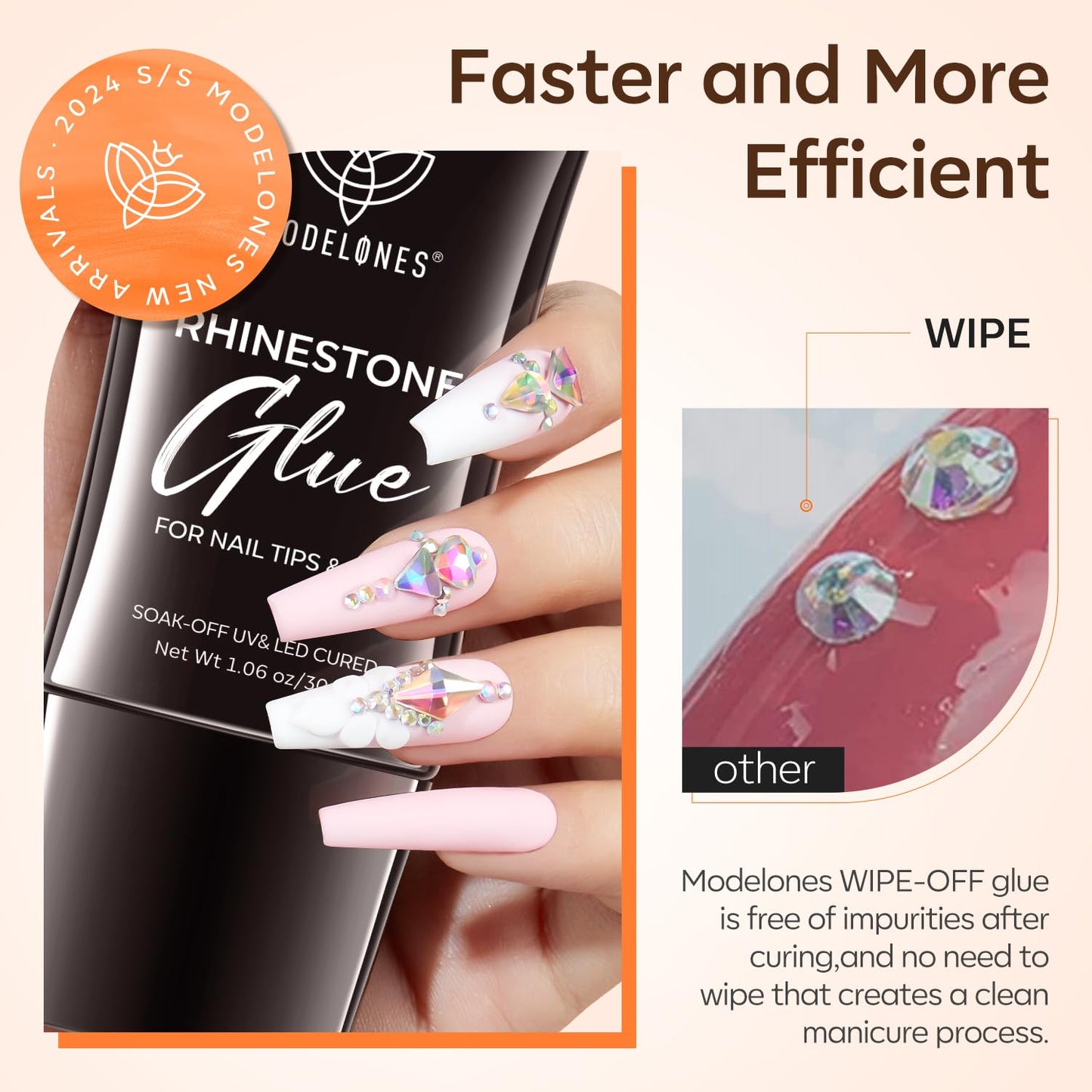 Modelones Manicure Tables Supports Growth 4-in-1 Rhinestone Glue - Super Strong for Press On Nails, Gems, Charms & Rhinestones, No Wipe Nail Art Glue, 30g Cured Needed-Velvo Beauty