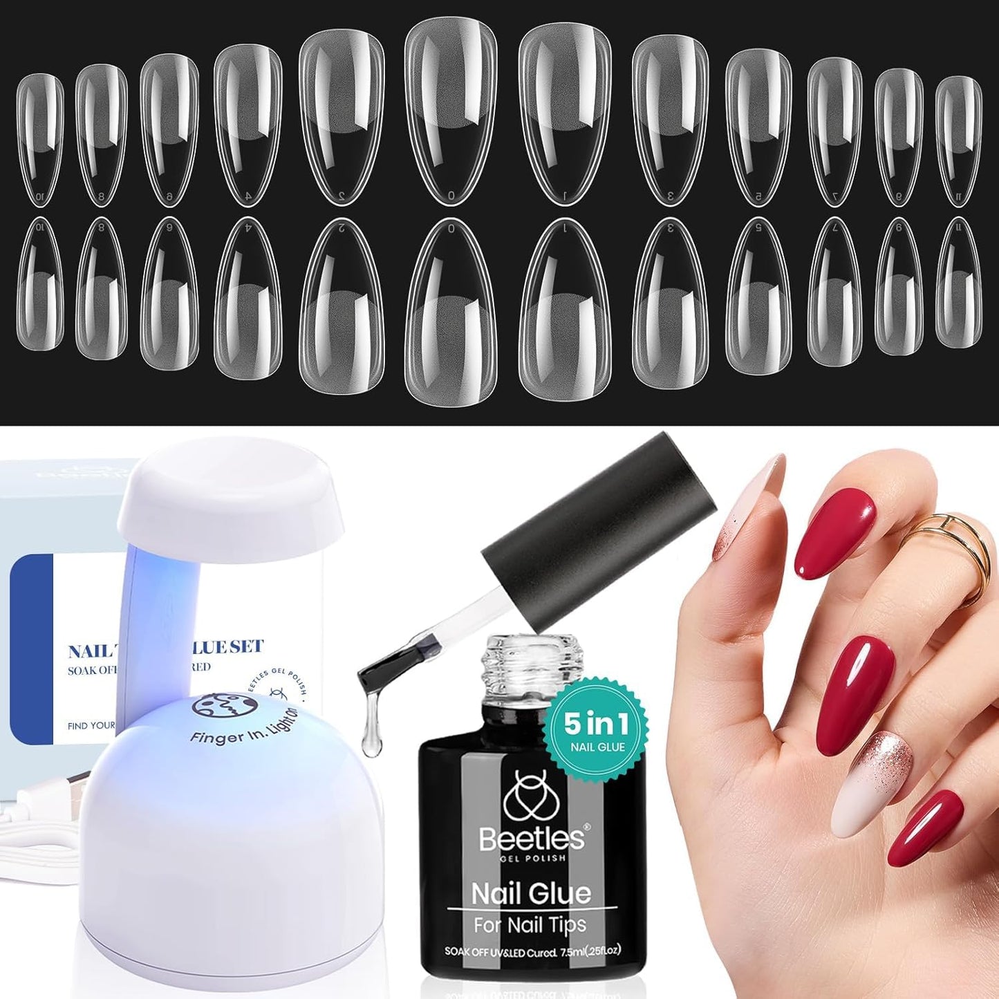Beetles Gel Nail Kit Etch-X, Almond Medium, 500pcs 12 Sizes, with 9 in 1 Glue Mini Nail Lamp, Fall Nails, Pre-Etched Half Matte Easy Extension Set for Home DIY Salon Manicure Art-Velvo Beauty