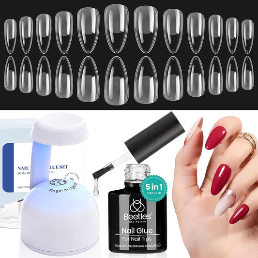 Beetles Gel Nail Kit Etch-X, Almond Medium, 500pcs 12 Sizes, with 9 in 1 Glue Mini Nail Lamp, Fall Nails, Pre-Etched Half Matte Easy Extension Set for Home DIY Salon Manicure Art-Velvo Beauty