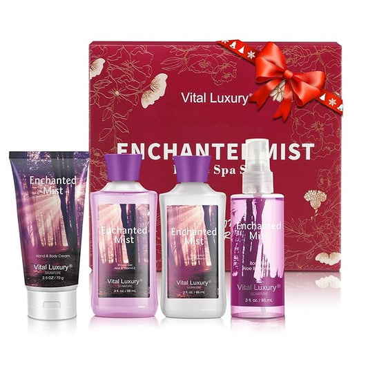 Bath & Body Kit, 3 Fl Oz, Ideal Skincare Gift Home Spa Set, Includes Body Lotion, Shower Gel, Body Cream, and Fragrance Mist,Birthday Mother's Valentine's Day Gifts(Enchanted Mist)-Velvo Beauty