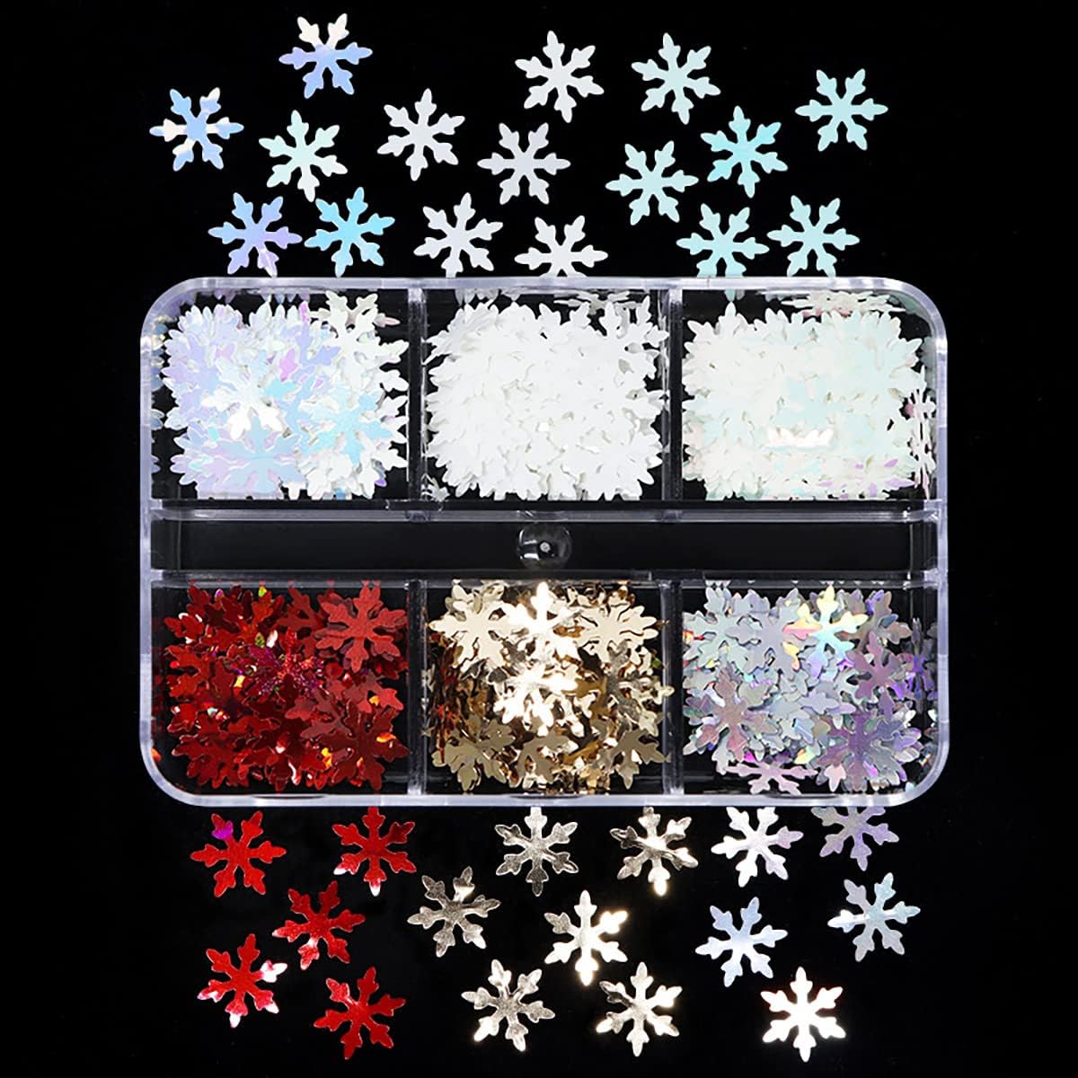 6 Grids Snowflake Nail Art Stickers Decals 3D Glitter Sequins Holographic Laser White Gold Silver Christmas Nail Art Flakes Winter Xmas Snow Glitter-Velvo Beauty