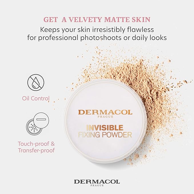 Dermacol - Invisible Fixing Face Powder, Touch-proof Translucent Setting Powder for Oily Skin & Other Skin Types, Loose Powder Makeup, Frangrance-Free Matte Powder with Powder Puff, Natural, 13.5 g-Velvo Beauty