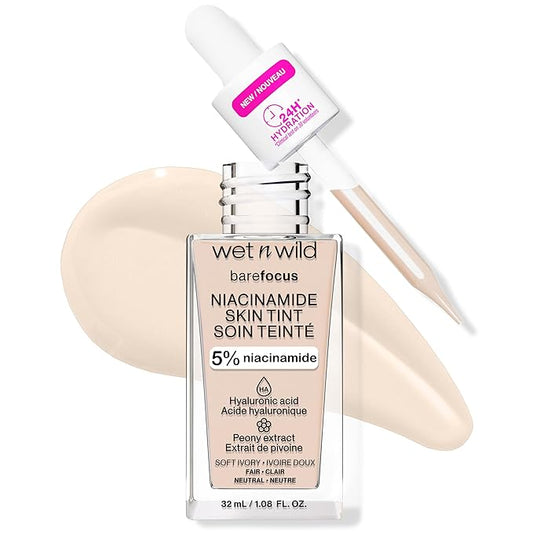 wet n wild Bare Focus Skin Tint, 5% Niacinamide Enriched, Buildable Sheer Lightweight Coverage, Natural Radiant Finish, Hyaluronic & Vitamin Hydration Boost, Cruelty-Free & Vegan - Soft Ivory-Velvo Beauty