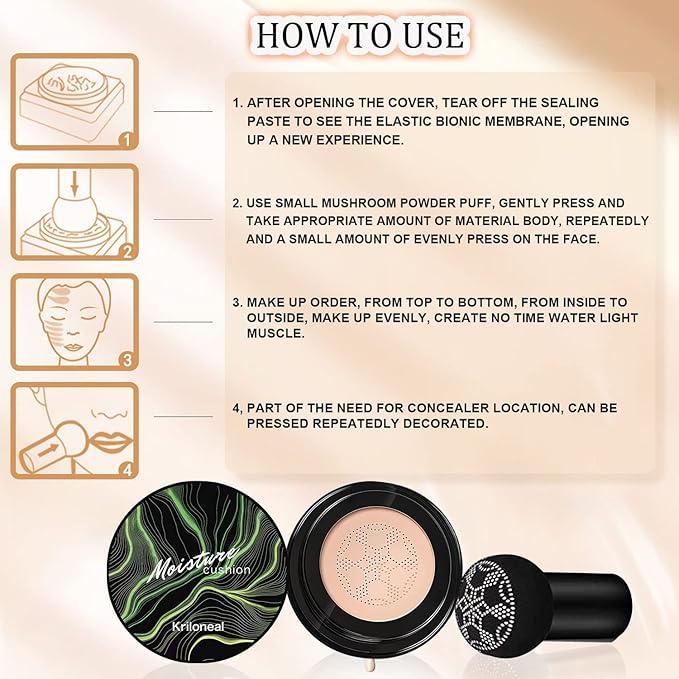 CC Cream Foundation Mushroom Head Air Cushion Face Makeup Moisturizing Concealer Waterproof Oil Control Long-Lasting Nude Makeup Even Skin Tone for All Skin Types (Light Brown)-Velvo Beauty