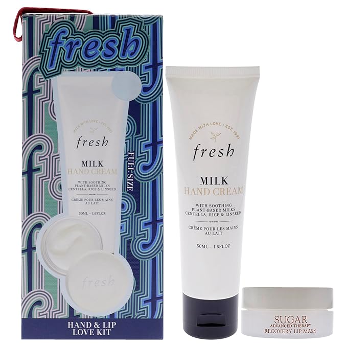 Fresh Hand And Lip Love Kit for Women - 2 Pc 1.6oz Milk Intensive Hand Cream, 0.3oz Sugar Recovery Lip Mask Advanced Therapy-Velvo Beauty