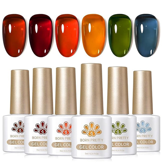 Born Pretty Jelly Gel Nail Polish, Sheer Transparent Crystal Gel Nail Polish, Christmas Brown Red Orange Green Blue Fall Winter Soak off Nail Polish Manicure DIY Home Salon Christmas Gift 7ml 6colors-Velvo Beauty