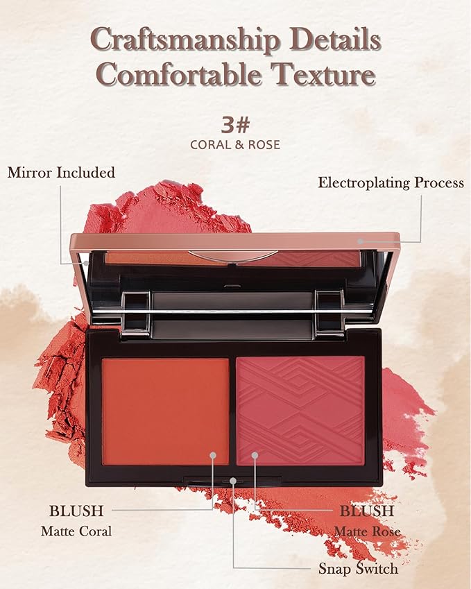 Face Matte Blush Powder Palette-2Colors Buildable Facial Cheek Blusher Pressed Powder Light Luxury Blush Contour Palette for Face,Longlasting Makeup Palette,Valentine's Day Gift Set for Women Girl-03-Velvo Beauty