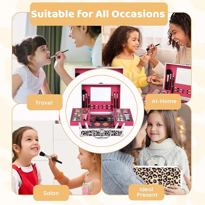 Anpro All-In-One Leopord Double Folding Makeup Carry Case with Pro Teen Makeup Set, Full Starter Kit with Makeup Brushes, Lipsticks, Eyeshadow Palette, Blushes, Glitter Gel, Ideal Present for Girls-Velvo Beauty