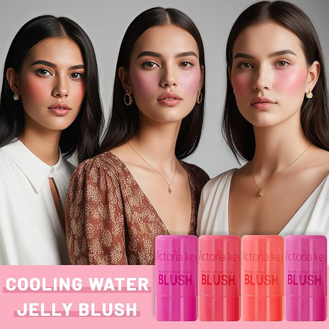 4 Pcs Jelly Blush Stick,Sheer Lip & Cheek Stain Makeup Cooling Water Jelly Tint, Multiple Use Long Lasting Jelly Texture Non-Stick Blush for Cheeks, Pigmented Waterproof Makeup Blush-Velvo Beauty
