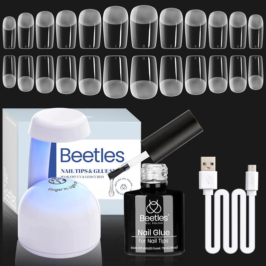 Beetles Gel Nail Kit Easy Nail Extension Set 504Pcs Pre Filed Half Matte Short Square Soft Etch X Nail Tips with 5 in 1 Nail Glue Gel Uv Led Lamp Nail for Women-Velvo Beauty