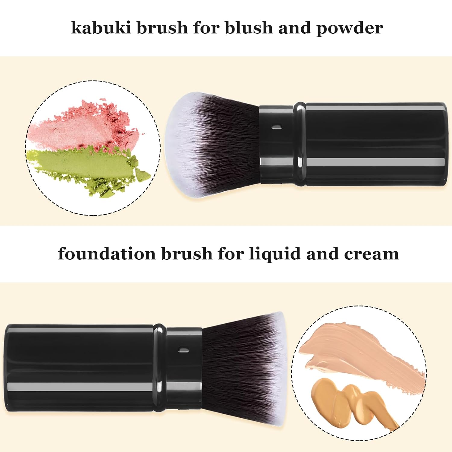 Retractable Makeup Brush 2 Pack, Travel Kabuki Powder Foundation Makeup Brush Face Blush Brushes for Blending Liquid, Blush, Bronzer, Buffing, Sunscreen,Flawless Cosmetics-Velvo Beauty