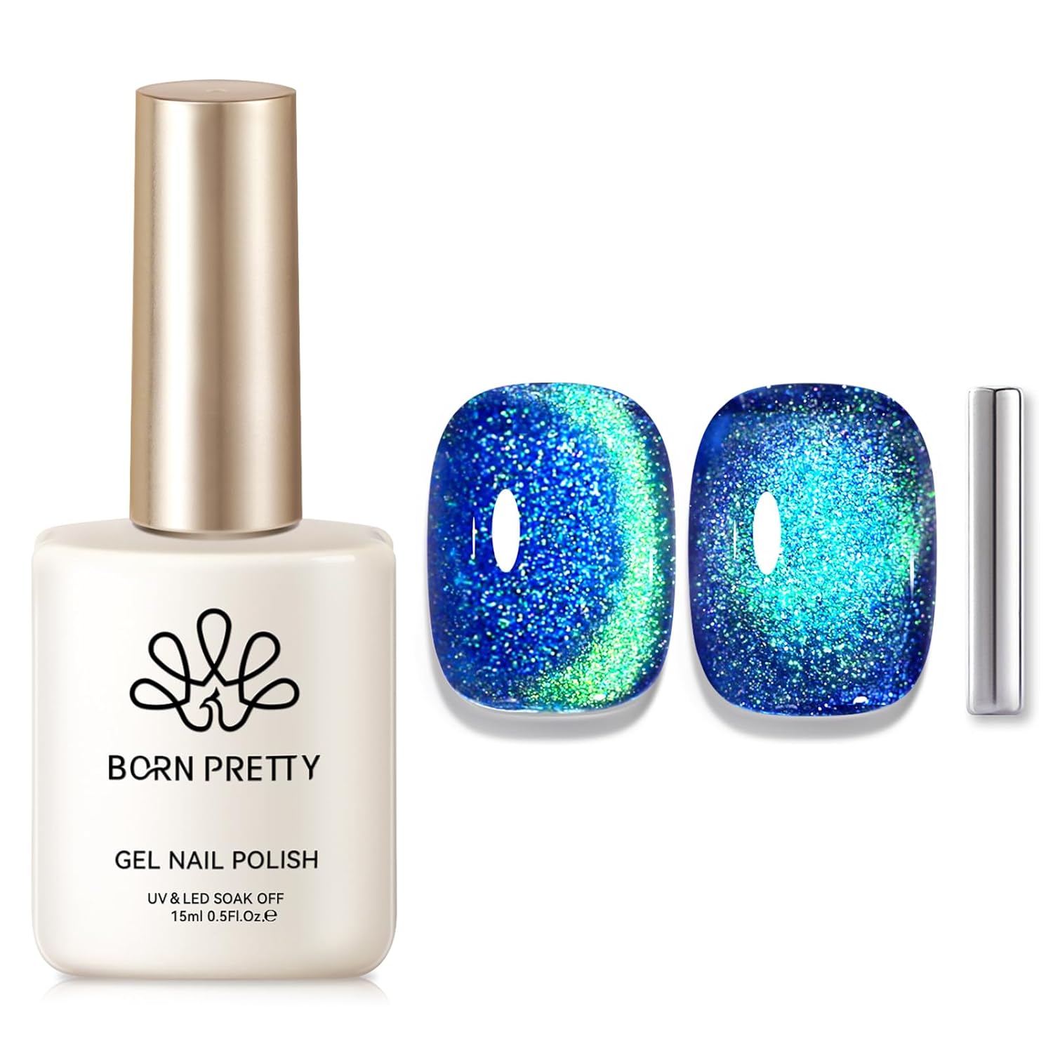 Born Pretty Cat Magnetic Eye Gel Nail Polish, Blue Glitter Cat Magnetic Gel Nail Polish, Holographic Magnetic Nail Polish for Nail Art Manicure Salon DIY at Home 15ML-Velvo Beauty