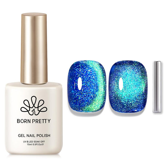 Born Pretty Cat Magnetic Eye Gel Nail Polish, Blue Glitter Cat Magnetic Gel Nail Polish, Holographic Magnetic Nail Polish for Nail Art Manicure Salon DIY at Home 15ML-Velvo Beauty
