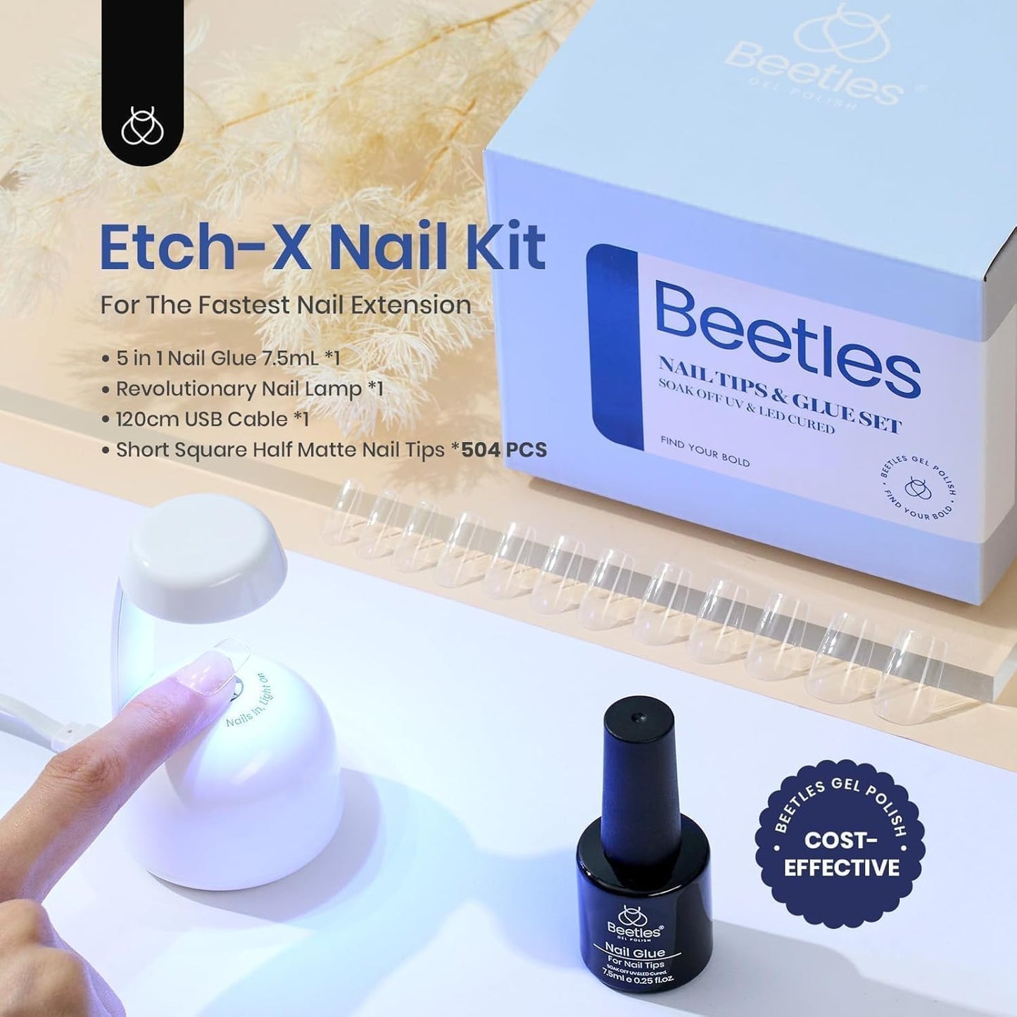 Beetles Gel Nail Kit Easy Nail Extension Set 504Pcs Pre Filed Half Matte Short Square Soft Etch X Nail Tips with 5 in 1 Nail Glue Gel Uv Led Lamp Nail for Women-Velvo Beauty