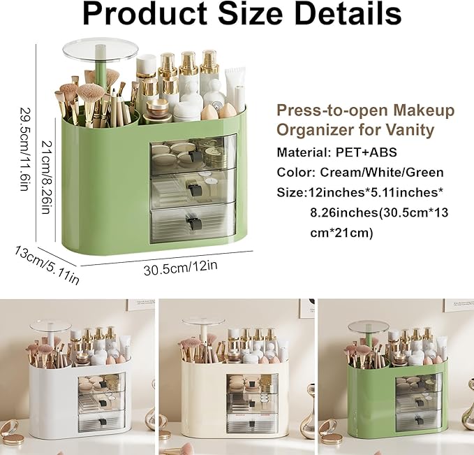 DASITON Makeup Organizer with 3 Drawers,Automatic Lifting Makeup Brush Holder with Lid,Large Capacity Makeup Organizers for Vanity,Bathroom Countertop,Ideal Storage Skin Care,Brushes,Lipstick (Green)-Velvo Beauty