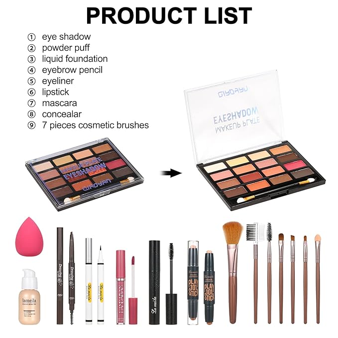 All in One Makeup Kit For Women Girls Teens Makeup set 16 Colors Eyeshadow Palette Foundation Eyeliner Contouring Stick Lip Gloss Eyebrow Mascara Makeup Brushes Makeup Gift Sets-Velvo Beauty