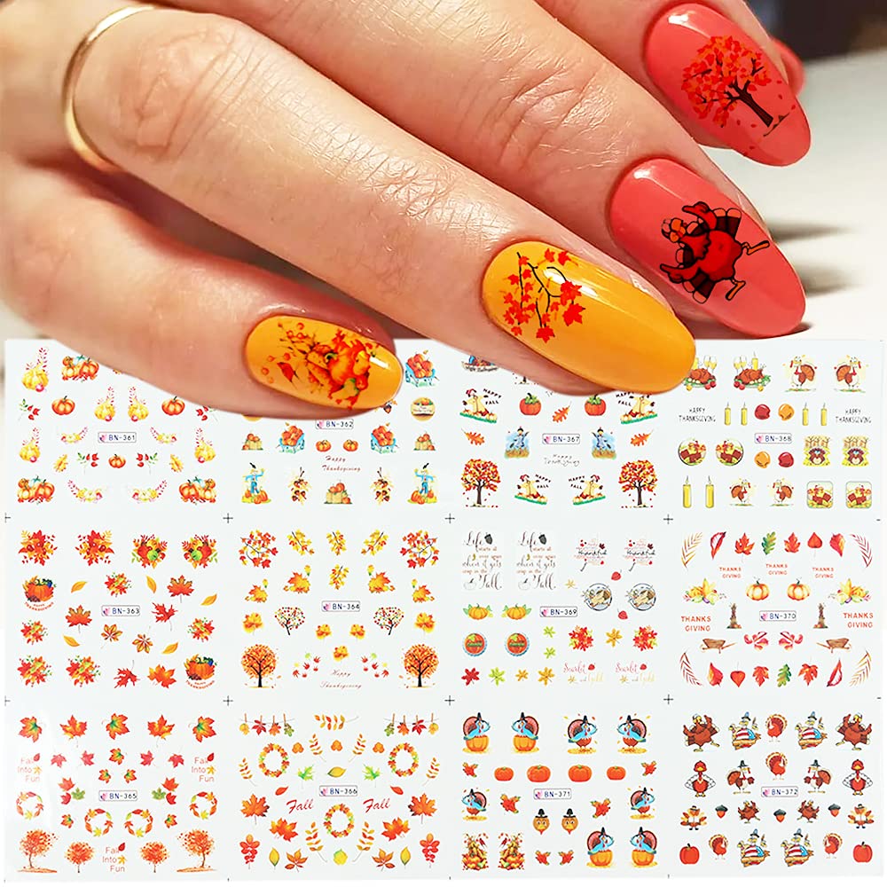 Fall Nail Art Stickers Thanksgiving Nail Decals 24 Sheets Maple Leaves Pumpkin Water Transfer Maple Leaf Turkey Pumpkin Animal Nail Design Sticker for Women Girls Fingernail Tattoos Decoration-Velvo Beauty