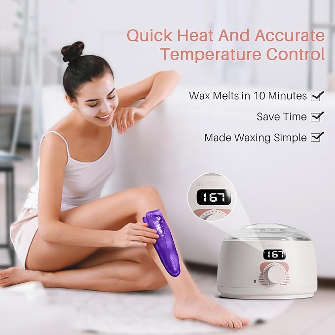 BLITZWAX Brazilian and Bikini Waxing Kit for Women, Hard Wax Warmer for Face, Legs, and Body, At Home Hair Removal Kit, Beginner Friendly, Quick Heating, 6 Packs Wax Beads-Velvo Beauty