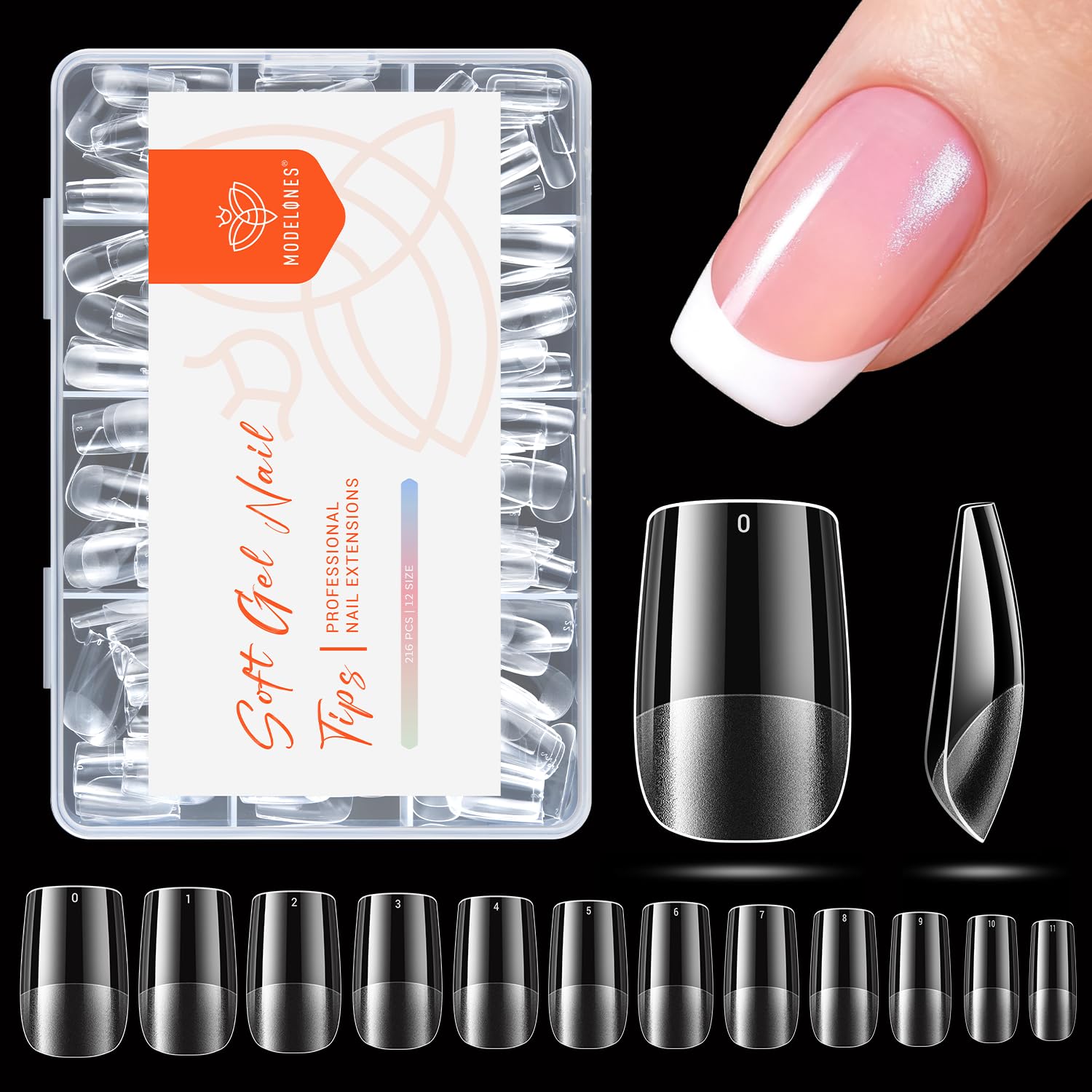 modelones Short Square Nail Tips, Pre-shaped Soft Gel Tips Fake Nails False Acrylic Clear Full Cover Press on Extension Gel Kit Manicure DIY at Home 216PCS 12Sizes-Velvo Beauty