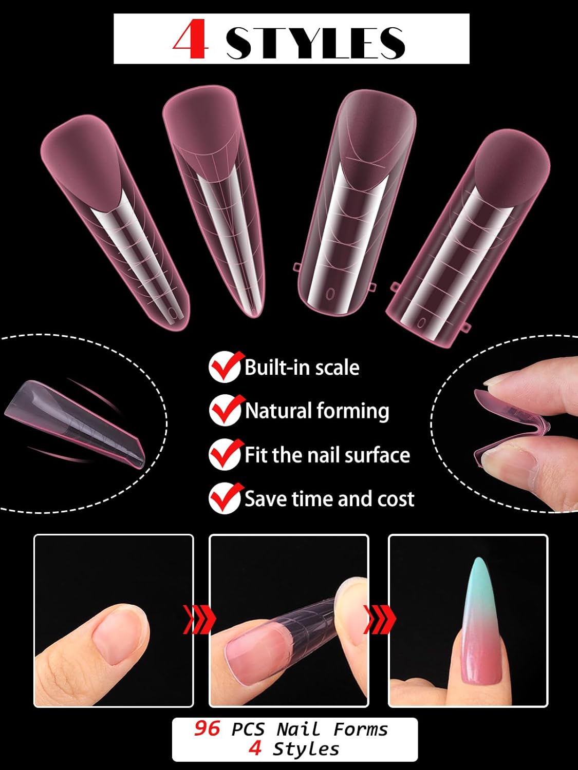 EBANKU Pink Dual Nail Forms, Full Cover Nail Mold Tips Acrylic Nail Extension Tools Scale for Poly Gel Nail Art Salon Nails Design, 96PCS-Velvo Beauty