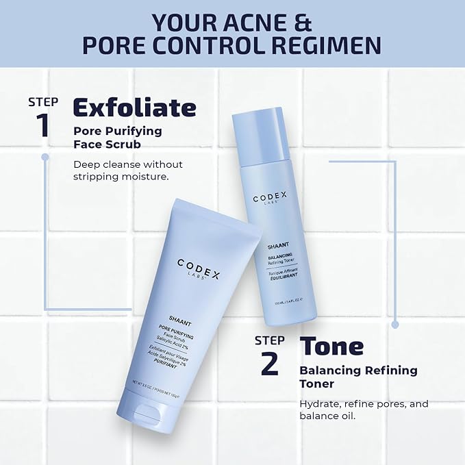 Codex Labs Shaant Deep Cleanse & Tone Kit, Pore Purifying Scrub (100g) & Refining Toner (100ml) - Oil Control & Pore Minimizer - for Acne Prone Skin - with 2% Salicylic Acid, 2% Gluconolactone (PHA)-Velvo Beauty